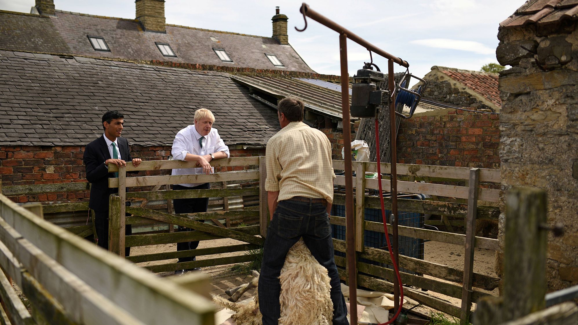 Sunak and Boris Johnson watch as a sheep is sheared during a visit to a farm in North Yorkshire, England, in July 2019. At the time Johnson was running to lead Britain's Conservative Party and Sunak was a member of Parliament.