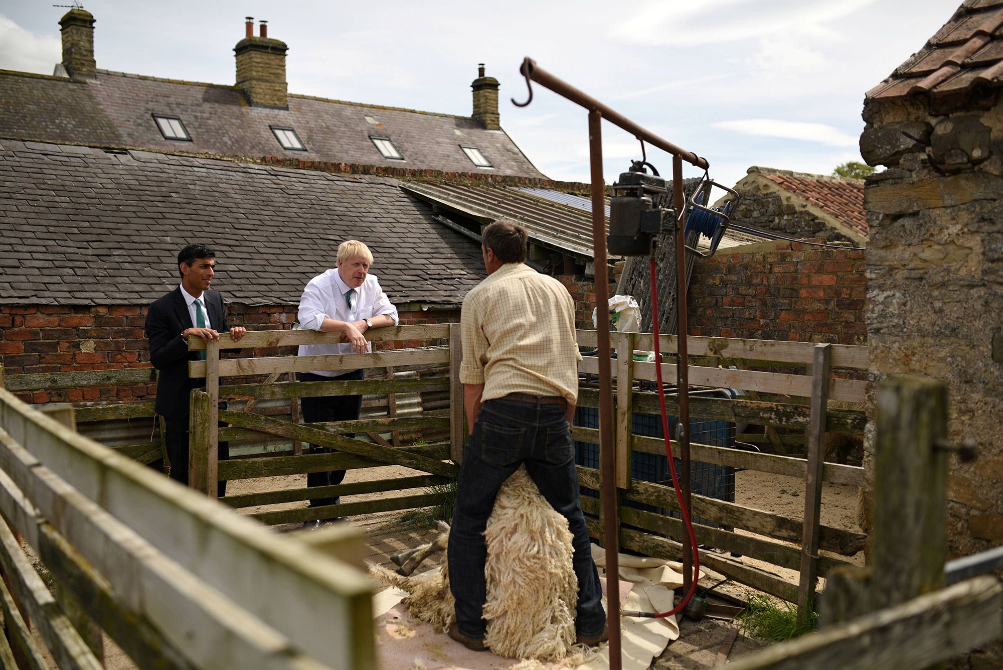 Sunak and Boris Johnson watch as a sheep is sheared during a visit to a farm in North Yorkshire, England, in July 2019.