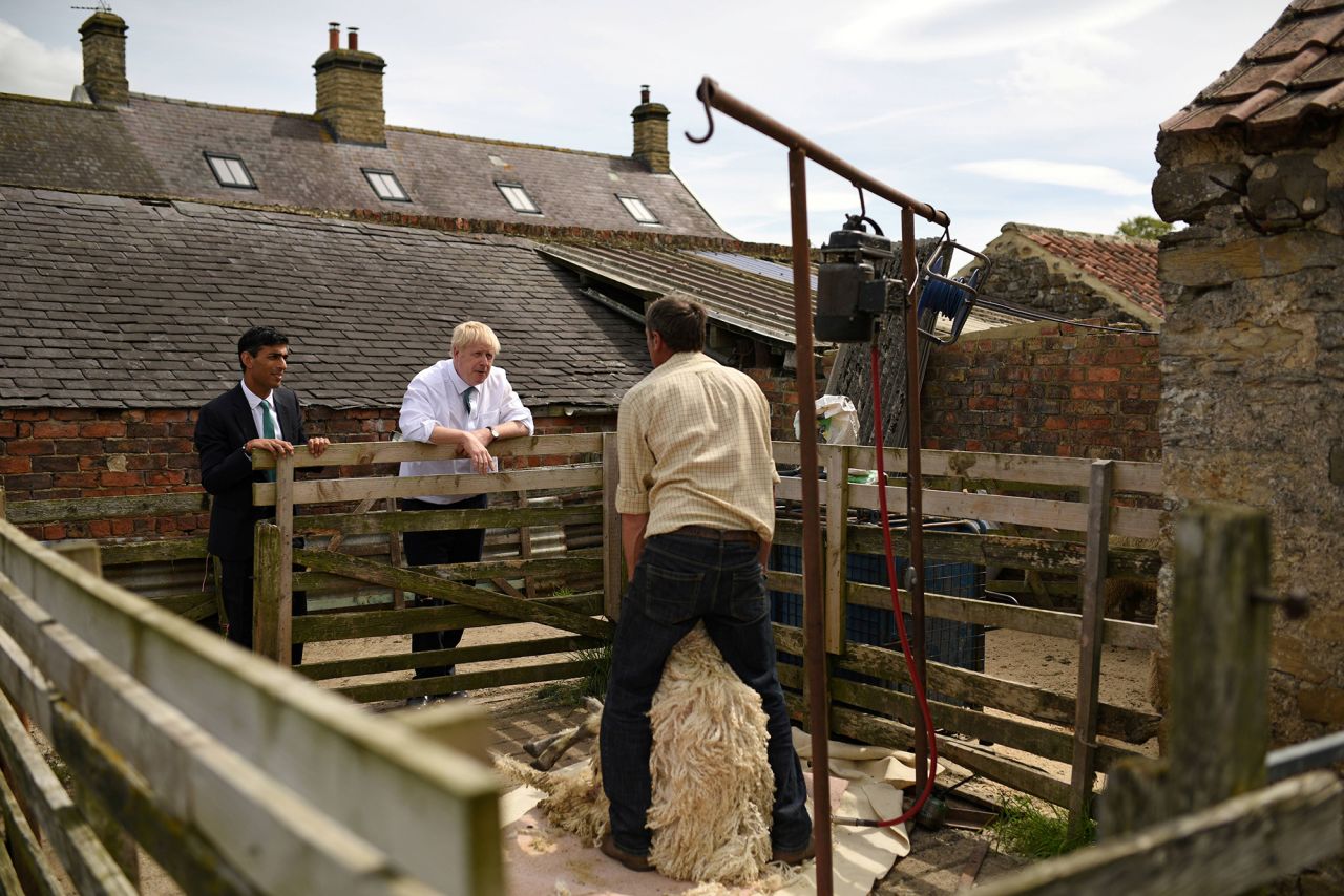 Sunak and Boris Johnson watch as a sheep is sheared during a visit to a farm in North Yorkshire, England, in July 2019. At the time Johnson was running to lead Britain's Conservative Party and Sunak was a member of Parliament.