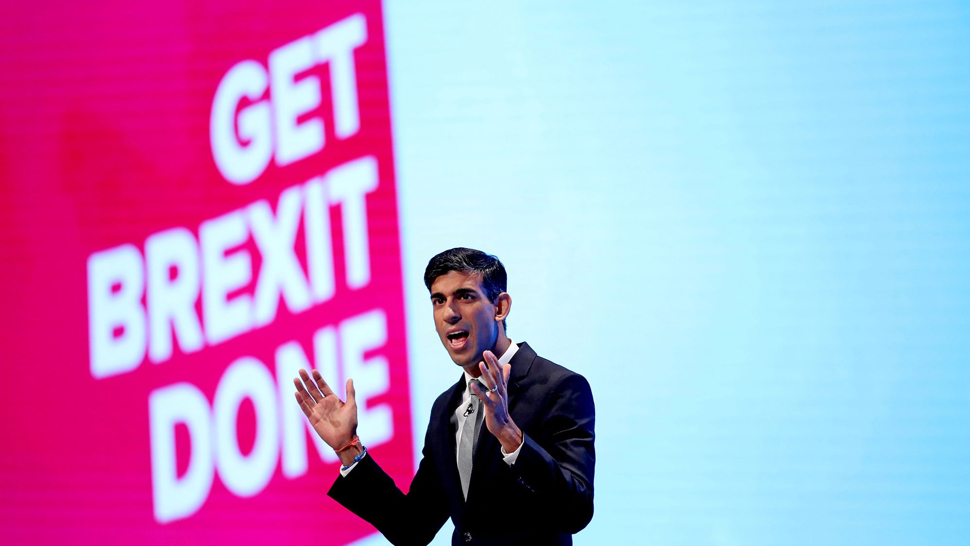 Sunak speaks in front of the words "Get Brexit Done" at the Conservative Party Conference in Manchester, England, in September 2019. He voted for the UK to leave the European Union in the 2016 referendum.