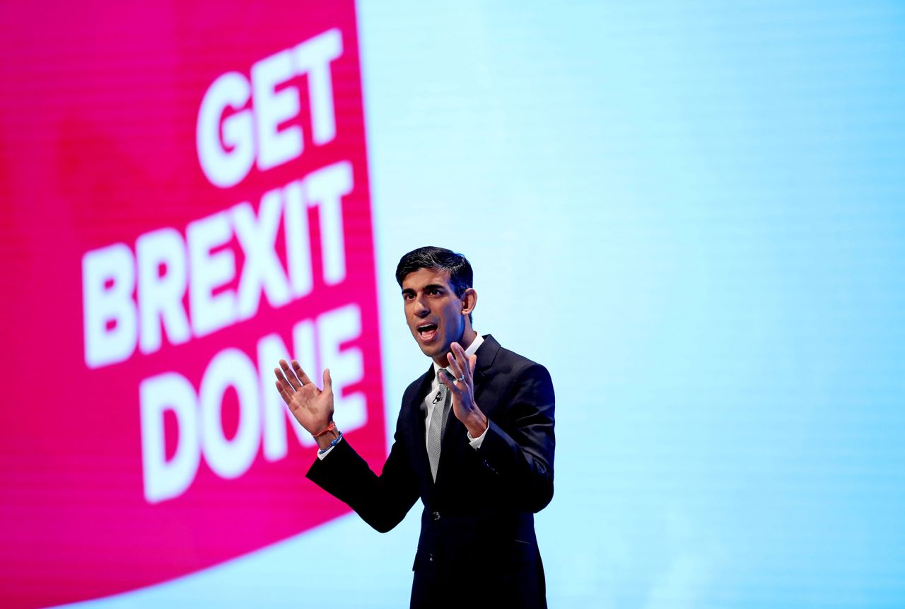 Sunak speaks in front of the words "Get Brexit Done" at the Conservative Party Conference in Manchester, England, in September 2019. He voted for the UK to leave the European Union in the 2016 referendum.