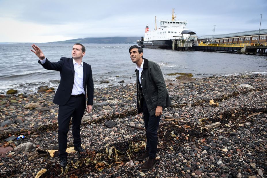 Douglas Ross, leader of the Scottish Conservative Party, meets with Sunak at Wemyss Bay on the west coast of Scotland in August 2020.