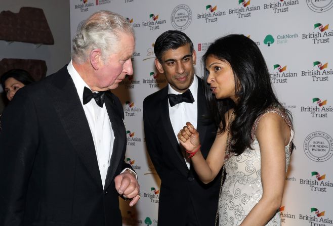 Sunak and his wife, Akshata Murty, speak to Prince Charles during a reception at the British Museum in London in February 2022. Murty is the daughter of an Indian billionaire. Earlier this year, Sunak and Murty appeared on the Sunday Times Rich List of <a href="index.php?page=&url=https%3A%2F%2Fwww.thetimes.co.uk%2Farticle%2Frishi-sunak-akshata-murty-net-worth-sunday-times-rich-list-86ls8n09h" target="_blank" target="_blank">the UK's 250 wealthiest people</a>. The newspaper estimated their joint net worth at £730 million ($826 million).