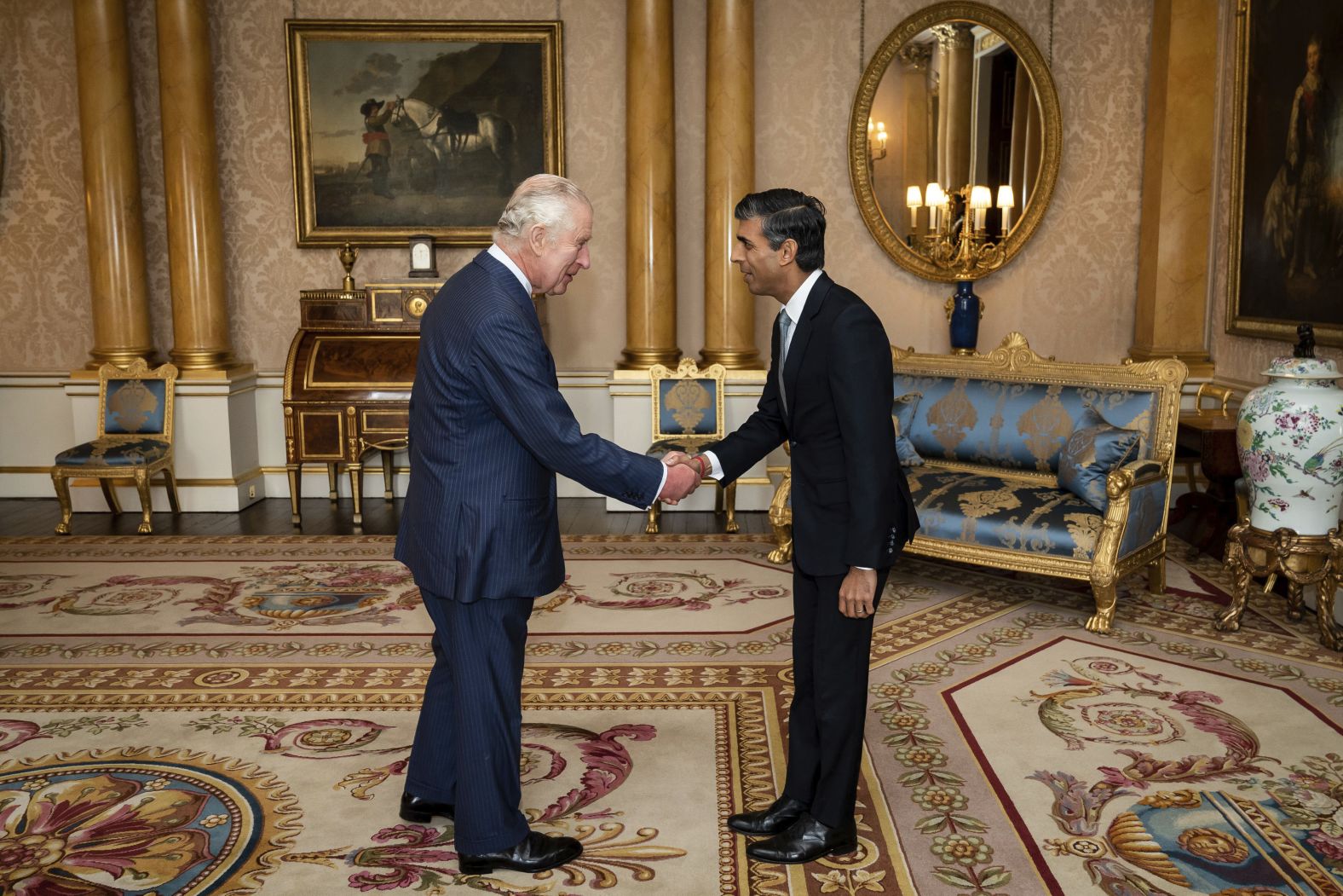 King Charles III welcomes Sunak during an audience at Buckingham Palace, where he invited the newly elected leader of the Conservative Party to become prime minister on October 25, 2022.