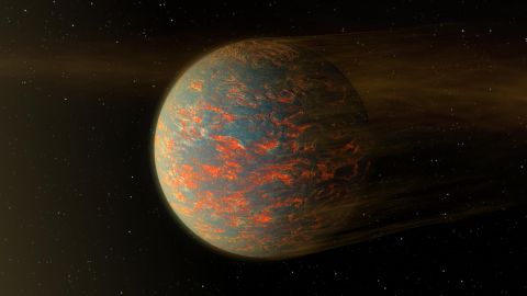 Esta ilustración muestra un escenario posible para un exoplaneta rocoso y caliente llamado 55 Cancrie, que tiene casi el doble de ancho que la Tierra.  Los datos del Telescopio Espacial Spitzer de la NASA han demostrado que el planeta tiene fluctuaciones extremas de temperatura.