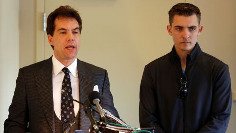 Jack Burkman, left, a lawyer and Republican political operative, and Jacob Wohl, right, an internet political activist and supporter of President Donald Trump, speak during a news conference in Arlington, Virginia, on November 1, 2018. 