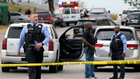 Law enforcement at the scene of a shooting at Central Visual and Performing Arts High School Monday, Oct. 24, 2022, in St. Louis. 