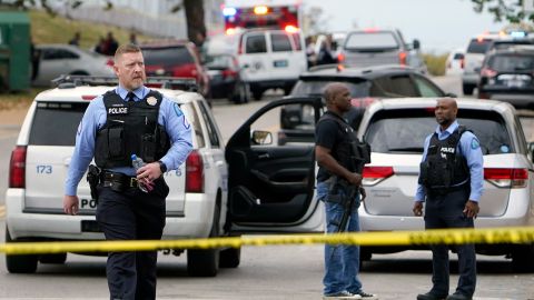 Law enforcement at the scene of a shooting at Central Visual and Performing Arts High School Monday, Oct. 24, 2022, in St. Louis.