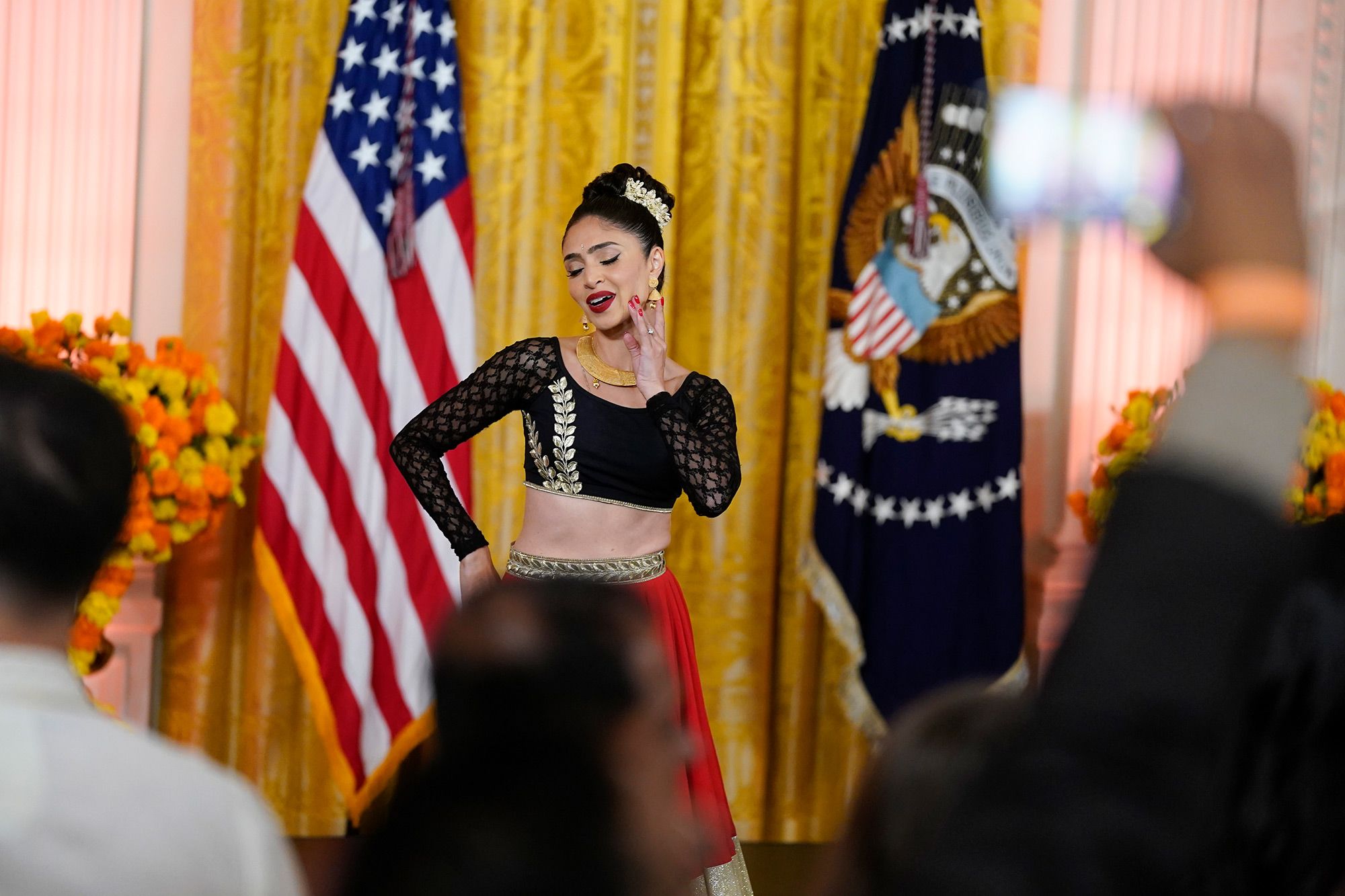 A dancer performs during a White House event celebrating Diwali in Washington, DC, on Monday.