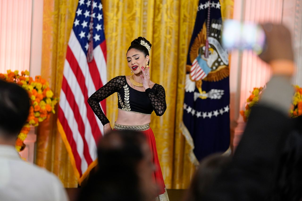A dancer performs during a White House event celebrating Diwali in Washington, DC, on Monday.