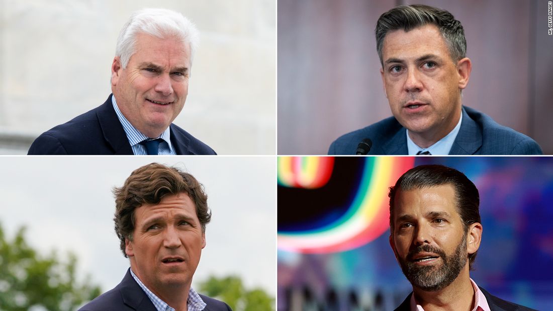 Clockwise, from top left, GOP Rep. Tom Emmer of Minnesota, GOP Rep. Jim Banks of Indiana, Donald Trump Jr. and Tucker Carlson.