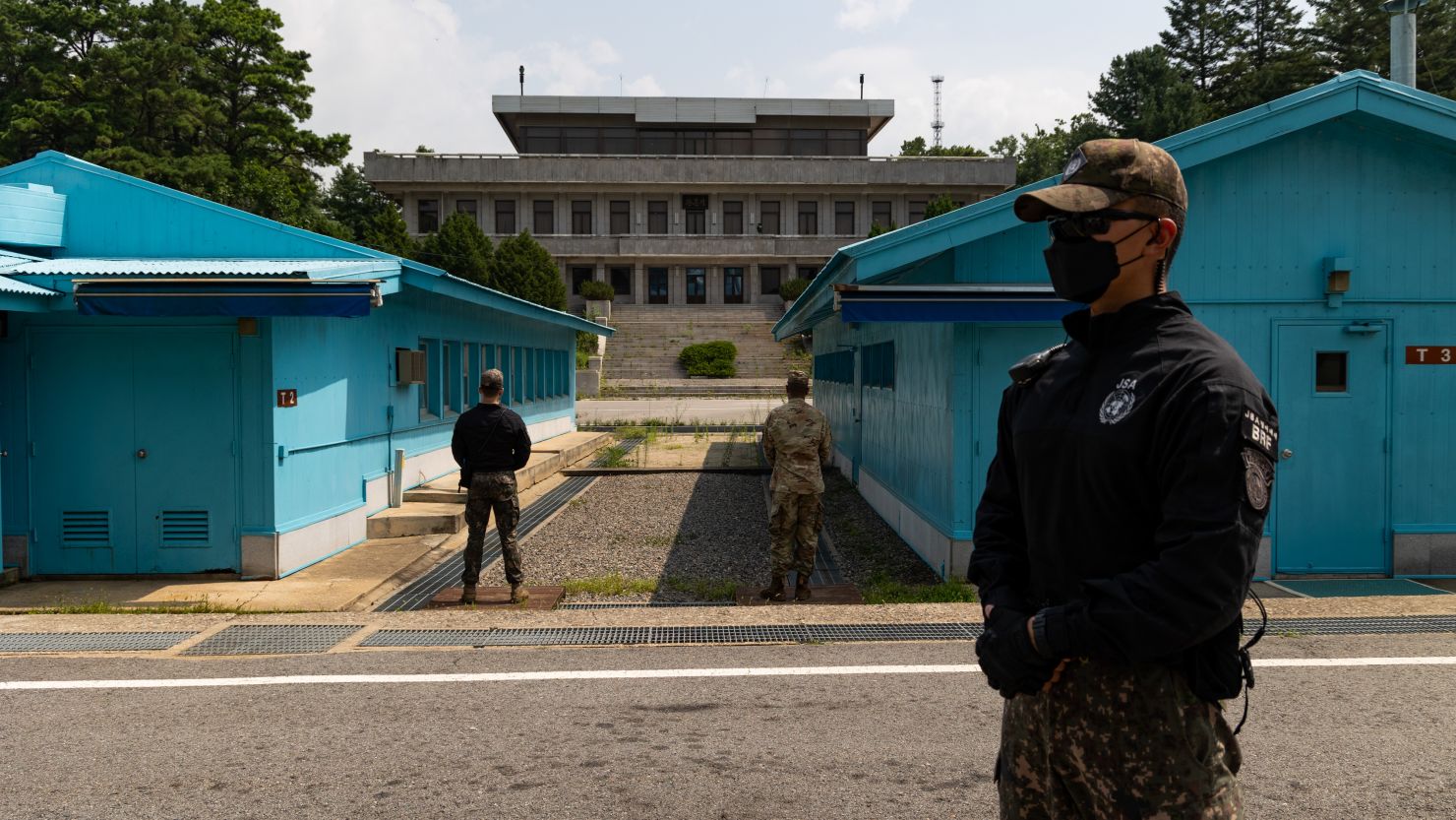South Korean and United Nations Command soldiers at the truce village of Panmunjom, in the Demilitarized Zone separating South and North Korea, on July 19, 2022. 