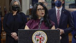 FILE - Los Angeles City Council President Nury Martinez, center, speaks at a news conference at Los Angeles City Hall on April 1, 2022. Los Angeles detectives are investigating whether a recording last year that captured city councilmembers' racist remarks was made illegally, the police chief said Tuesday, Oct. 25. Disclosure of the recording earlier this month unleashed a citywide scandal just weeks before Election Day. Martinez, resigned in disgrace, while two other councilmembers have resisted widespread calls for their ousters.  (AP Photo/Damian Dovarganes, File)
