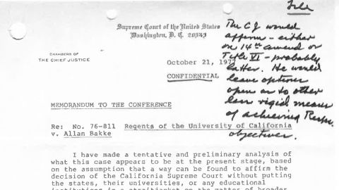 October 21, 1977, memo from Chief Justice Warren Burger on the Bakke case. Handwritten notes are from Justice Powell.