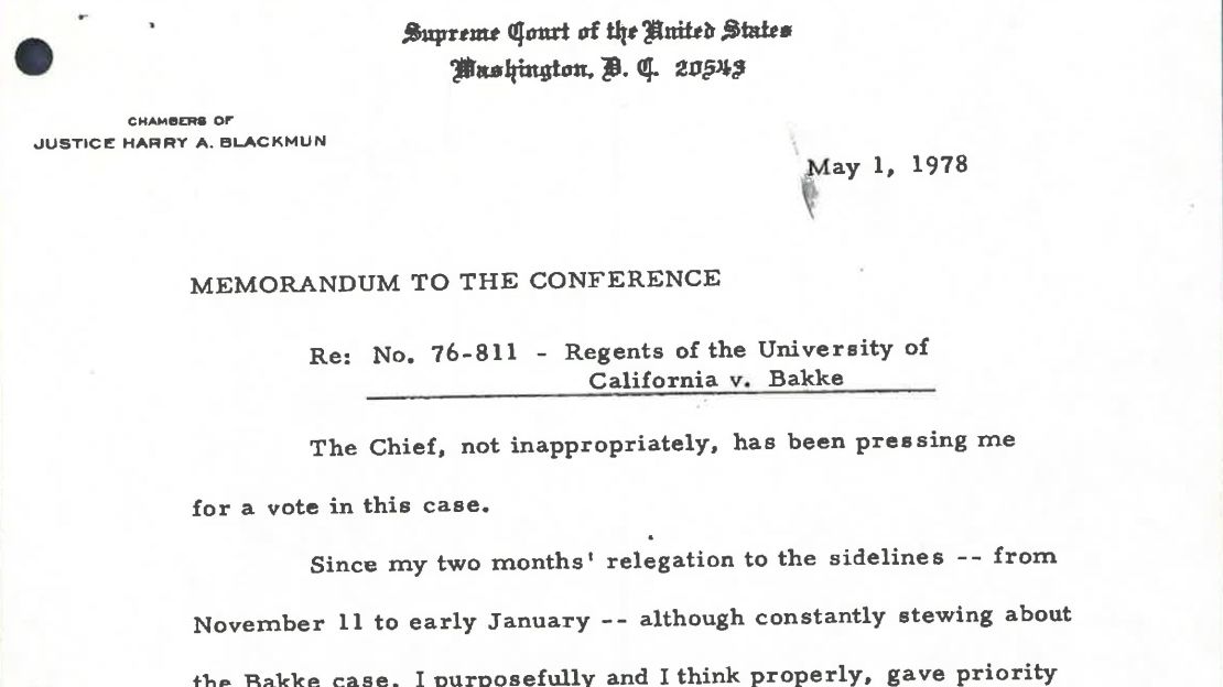 May 1, 1978, memo to Supreme Court justices from Justice Harry Blackmun on Bakke case.
