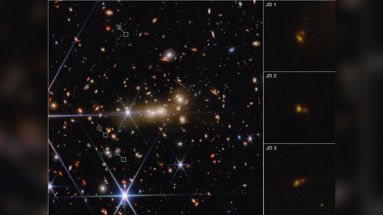 The galaxy cluster MACS0647 bends and magnifies light from the more distant MACS0647-JD galaxy. 