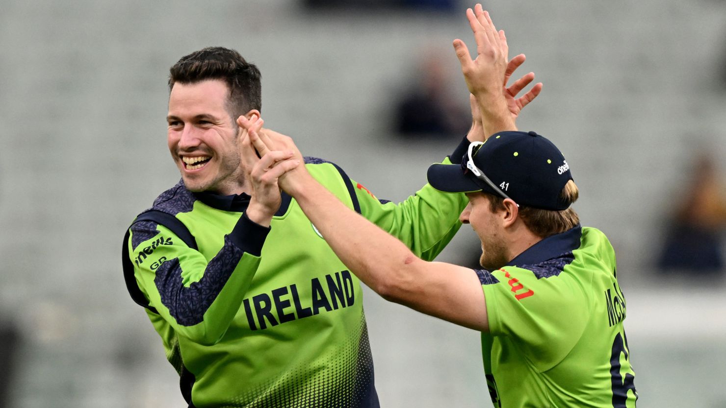 George Dockrell celebrates a wicket in Ireland's victory against England at the T20 World Cup in Australia. 