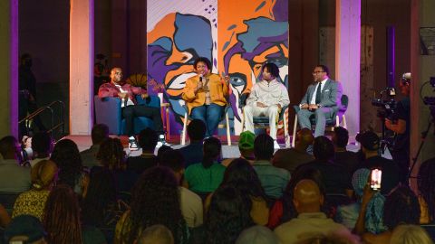 Stacey Abrams speaks during a campaign event and conversation with Charlamagne tha God, 21 Savage and Francys Johnson at The HBUC in Atlanta on September 9.