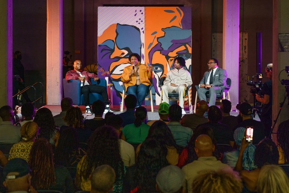 Stacey Abrams speaks during a campaign event and conversation with Charlamagne tha God, 21 Savage and Francys Johnson at The HBUC in Atlanta on September 9.