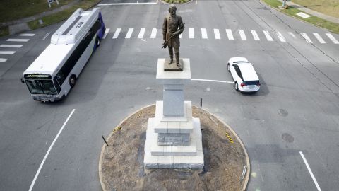 A statue of Confederate General A.P. Hill stands on top of his grave at an intersection of Laburnum Avenue and Hermitage Road on July 20, 2022, in Richmond, Virginia.