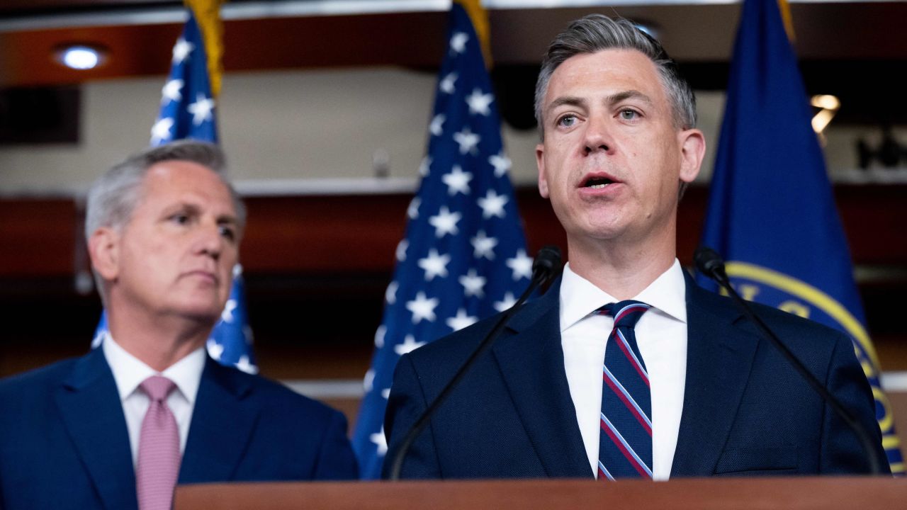 House Minority Leader Kevin McCarthy and Rep Jim Banks of Indiana, at a press conference in June 2022.