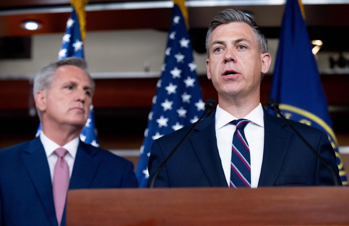 House Minority Leader Kevin McCarthy and Rep Jim Banks of Indiana, at a press conference in June  2022. 