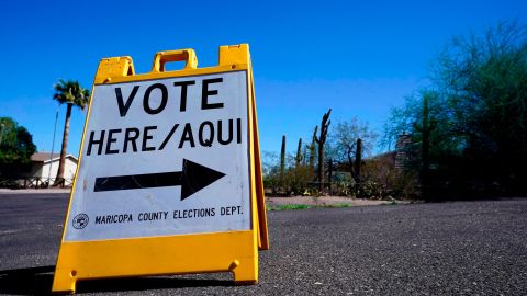 A sign marks the entrance to a voting precinct on the first day of early voting in the general election in Phoenix, in this October 12, 2022 file photo. 