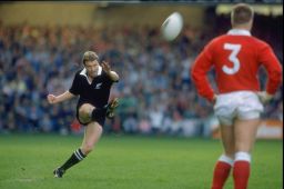 Grant Fox kicks during the All Blacks tour of Britain in 1989.