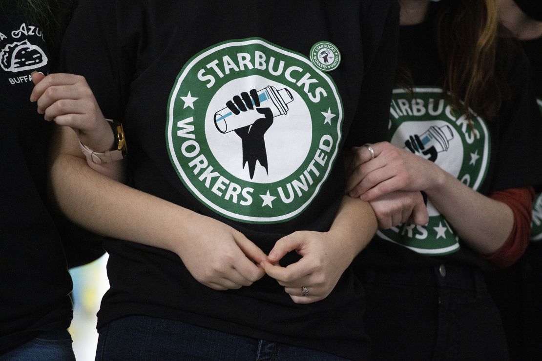 Starbucks employees and supporters react as votes are read during a union-election watch party in Buffalo, New York.  