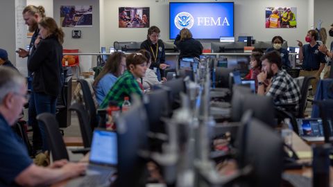 Technicians monitor Hurricane Ian  at FEMA headquarters in Washington, DC, on September 28.