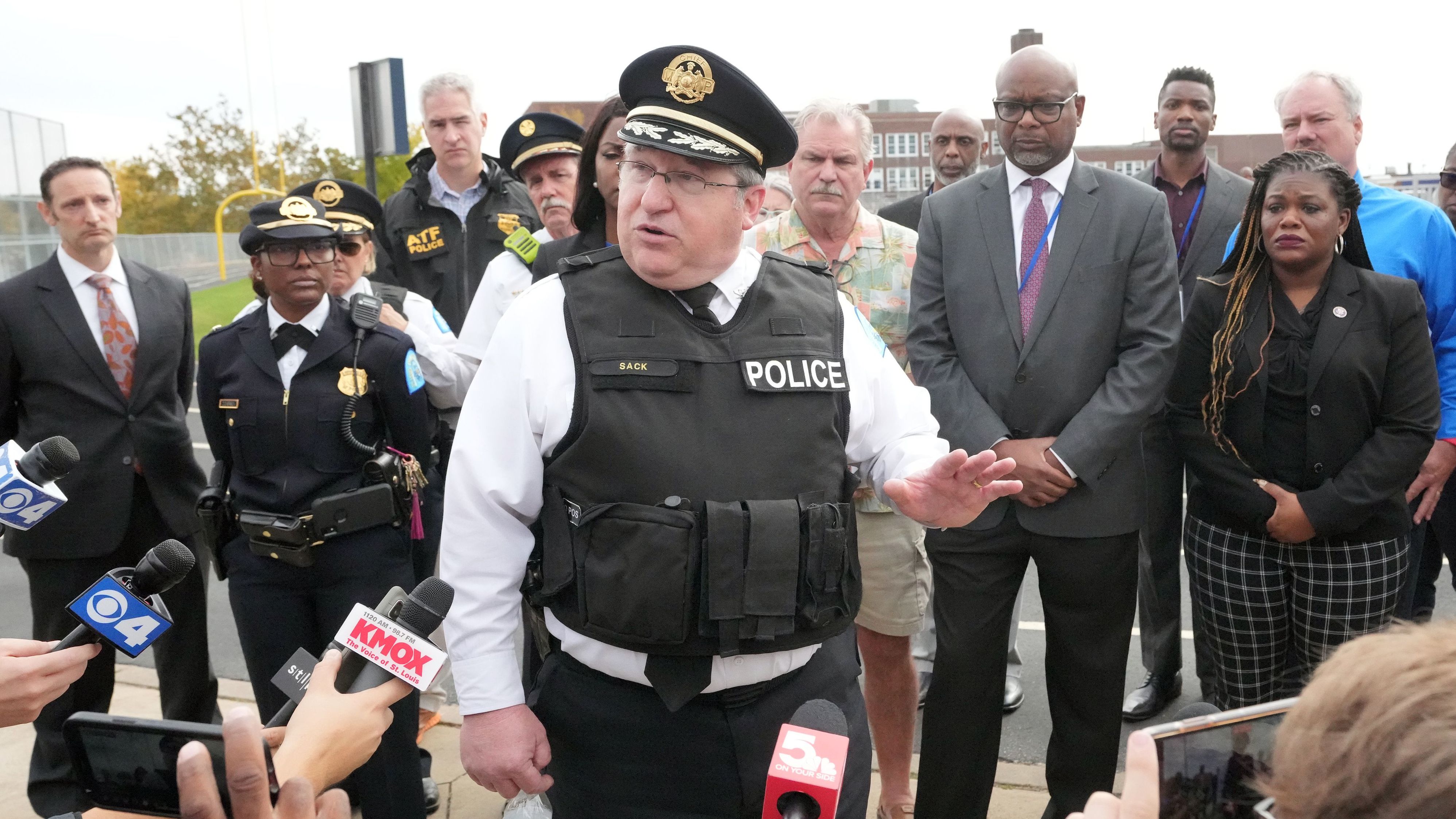Interim St. Louis police Commissioner Michael Sack briefs reporters after shooting  at the Central Visual and Performing Arts High School in St. Louis on Monday, October 24, 2022. 