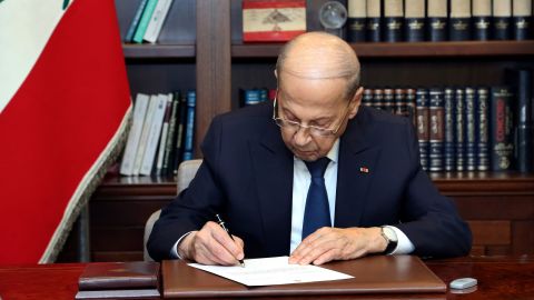 Lebanese President Michel Aoun signs the US-brokered deal setting a maritime border between Lebanon and Israel, at the presidential palace in Beirut.