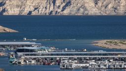 Callville Bay Marina is seen below the level at the white bathtub ring of previous waterlines of Lake Mead as unprecedented drought reduces Colorado River and Lake Mead to critical water levels on September 17, 2022 in Lake Mead National Recreation Area, Nevada.