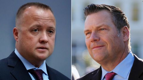Chris Mann, left, and Kris Kobach are running for Kansas attorney general.