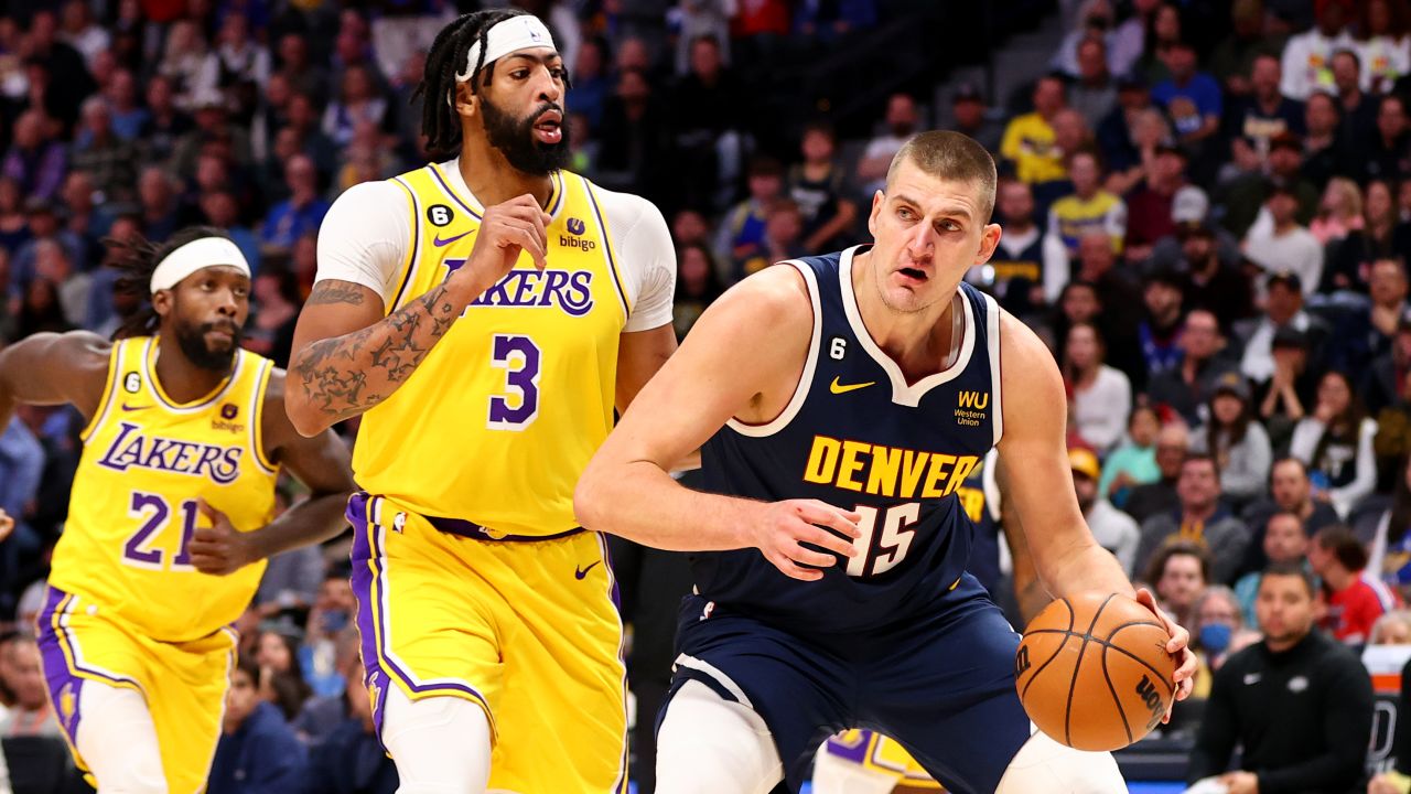 Nikola Jokic drives against Anthony Davis as the Nuggets handled the Lakers. 