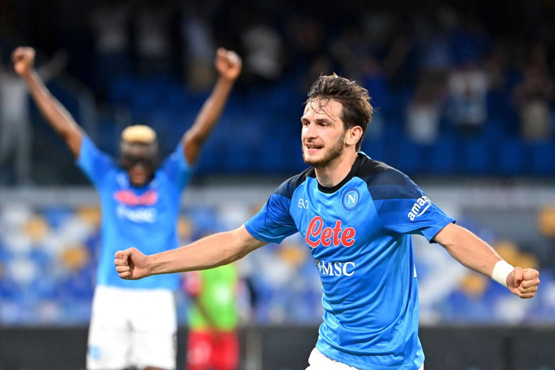 Kvaratskhelia celebrates after scoring his second goal for Napoli against Monza.