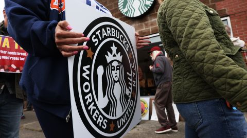 Starbucks workers during a rally on October 05, 2022 in New York City. 