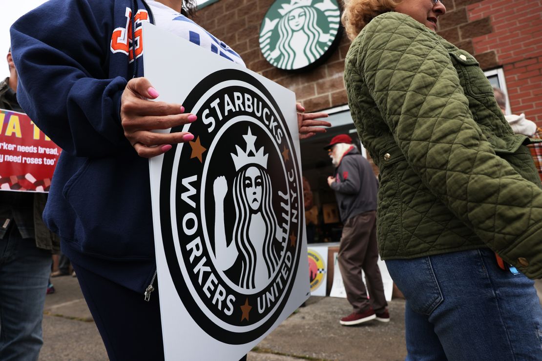 Starbucks workers during a rally on October 05, 2022 in New York City. 