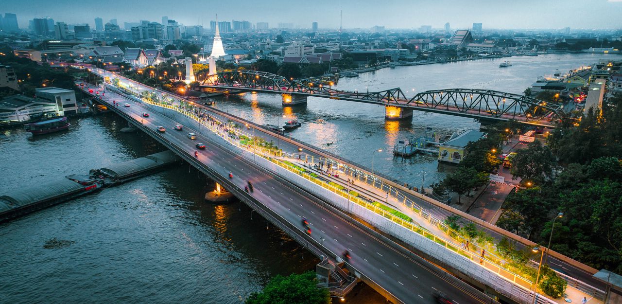 Voraakhom has created a vibrant skyline park on a bridge crossing the Chao Phraya river in Bangkok.