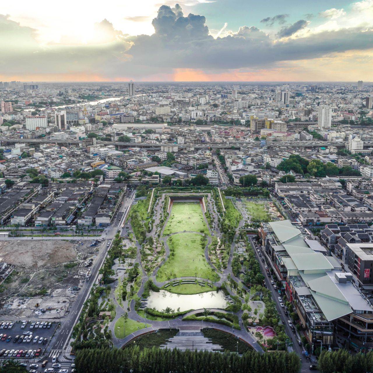 Built on an incline, Centenary Park in Bangkok directs runoff water through sloped gardens and artificial wetlands.  