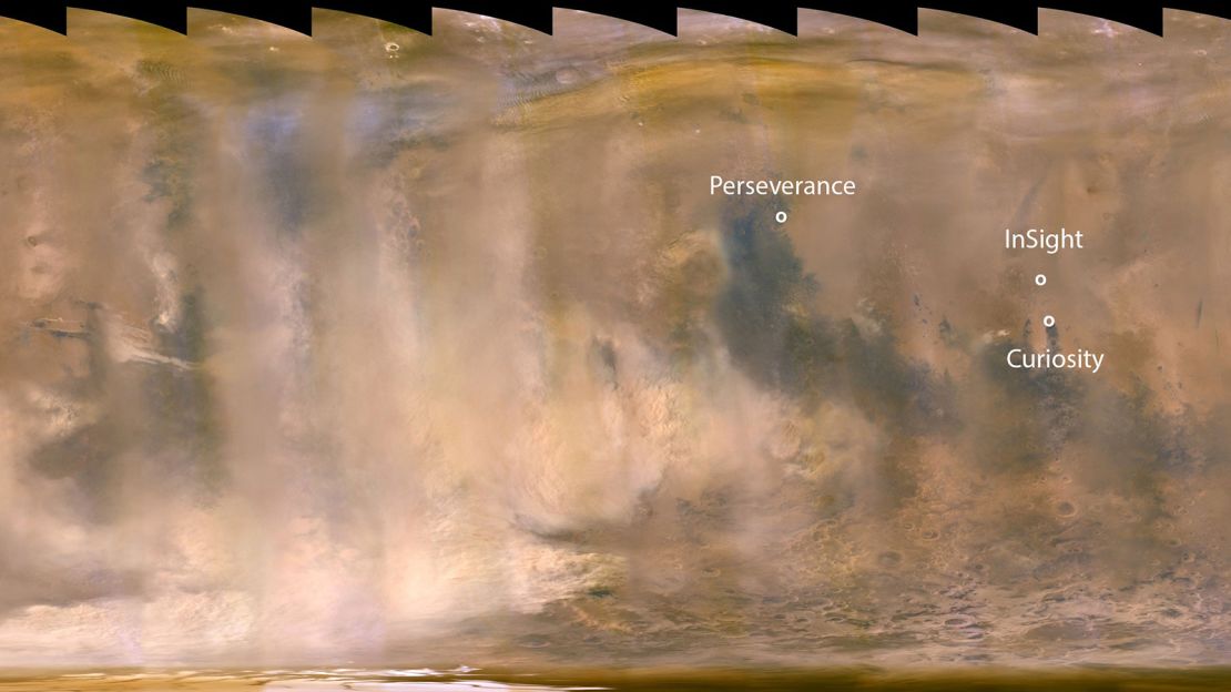 The beige clouds are a continent-size dust storm imaged by the Mars Reconnaissance Orbiter on September 29. The locations of the Perseverance, Curiosity and InSight missions are also labeled.