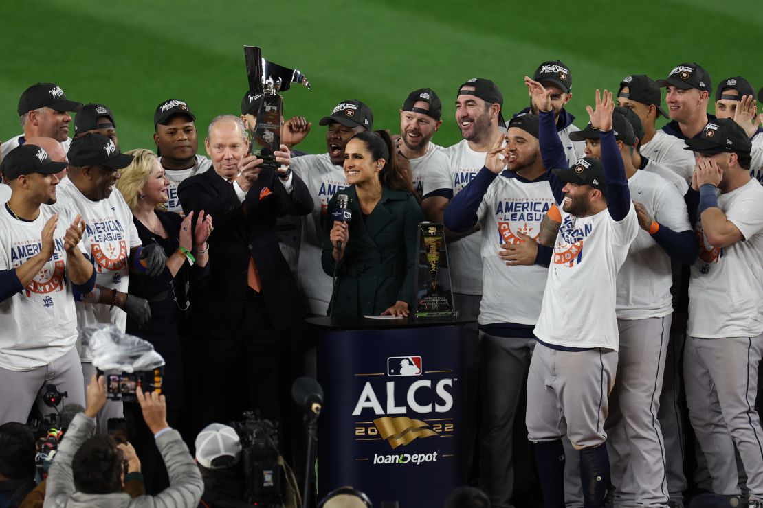 The Houston Astros celebrate after defeating the New York Yankees in Game Four of the American League.