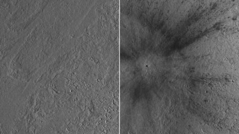 Voor en na foto's gemaakt door de Mars Reconnaissance Orbiter laten zien waar een meteoroïde op 24 december 2021 op Mars insloeg.