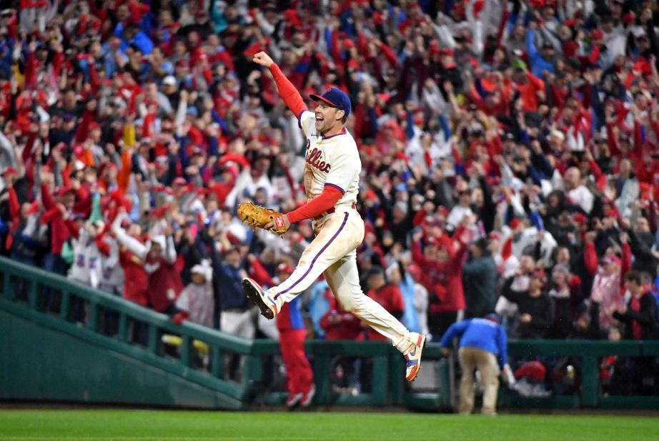 Philadelphia first baseman Rhys Hoskins celebrates on Sunday, October 23, after the Phillies defeated San Diego to win the National League pennant and book a spot in the World Series.