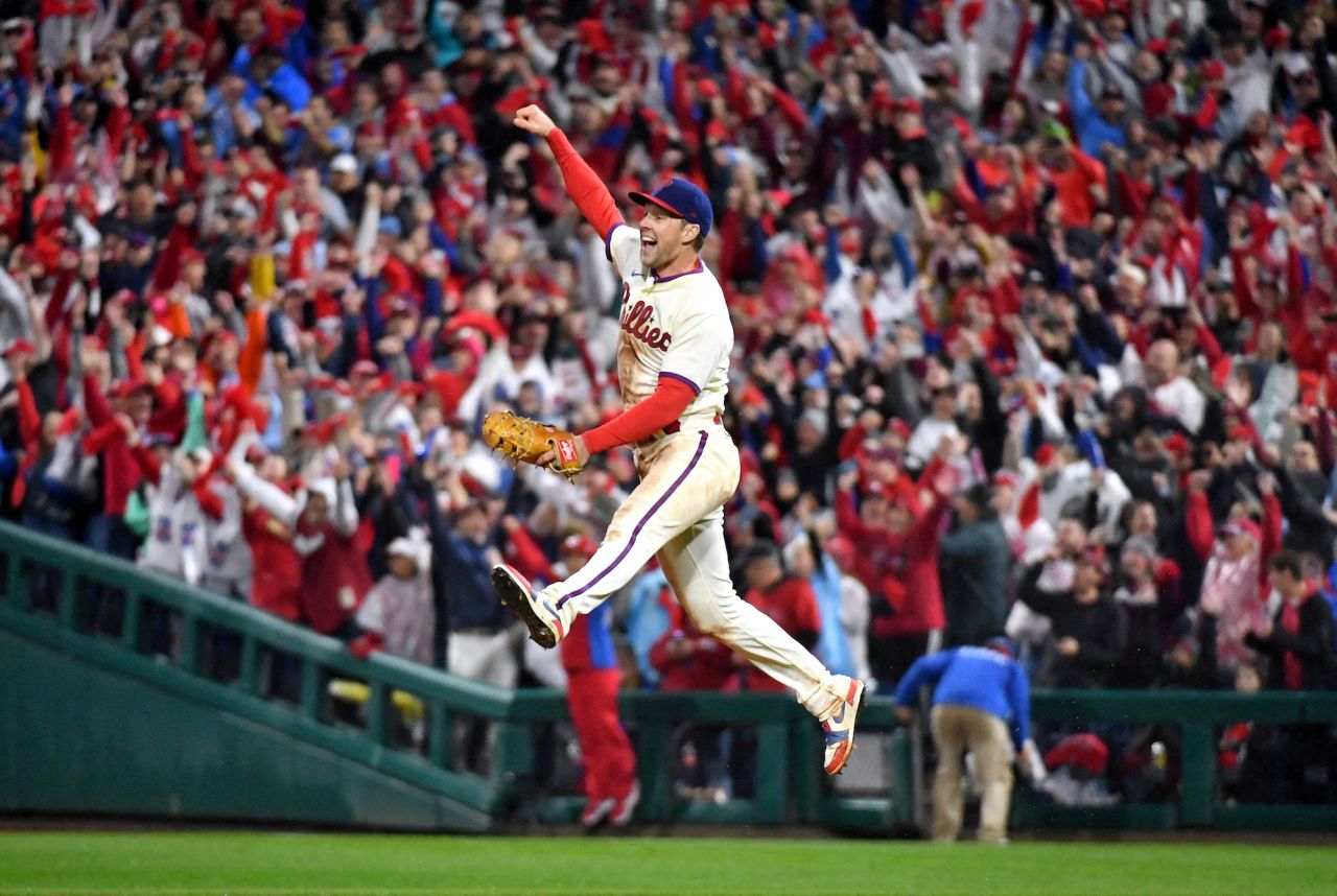 Philadelphia first baseman Rhys Hoskins celebrates on Sunday, October 23, after the Phillies defeated San Diego to win the National League pennant and book a spot in the World Series.