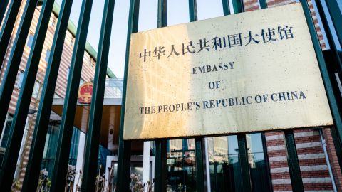 This picture taken on March 22, 2021 shows the entrance of the China embassy in the Netherlands. Dutch broadcaster, RTL Nieuws and Dutch investigative journalism outlet Follow the Money published a report on Tuesday claiming that China has opened at least two police stations in the Netherlands since 2018. 