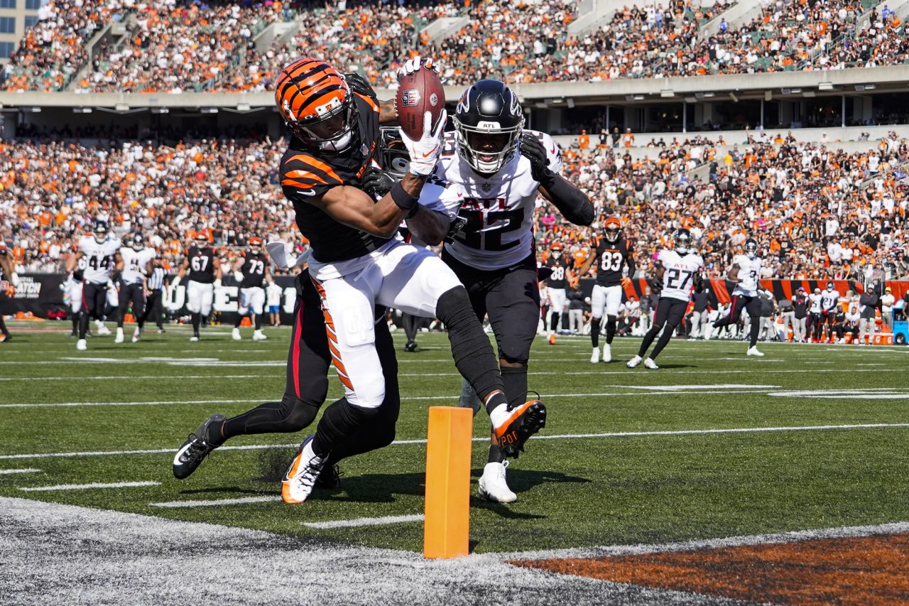 Cincinnati wide receiver Ja'Marr Chase catches a touchdown during an NFL game against Atlanta on Sunday, October 23. Cincinnati won 35-17.
