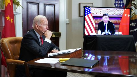 US President Joe Biden meets with China's President Xi Jinping during a virtual summit from the Roosevelt Room of the White House in Washington, DC, November 15, 2021.