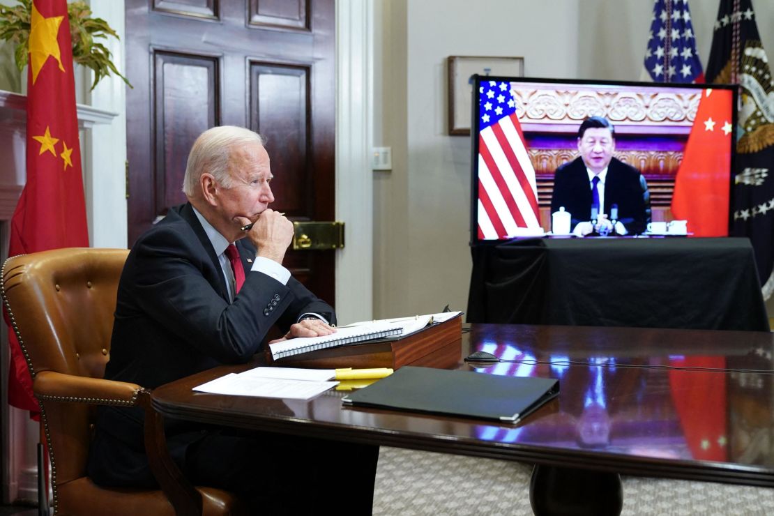 US President Joe Biden meets with China's President Xi Jinping during a virtual summit from the Roosevelt Room of the White House in Washington, DC, November 15, 2021.