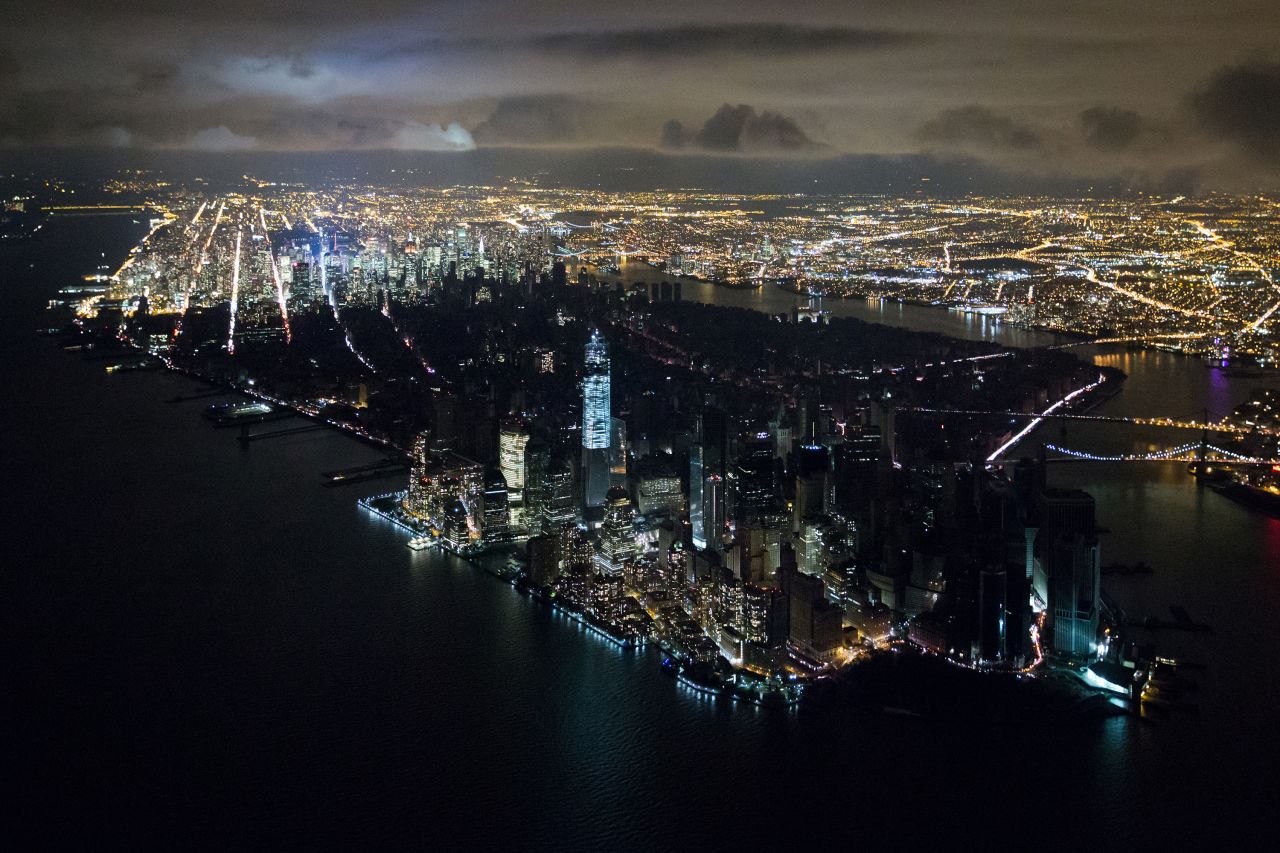 An aerial view of Manhattan reveals a widespread power outage on November 1, 2012.